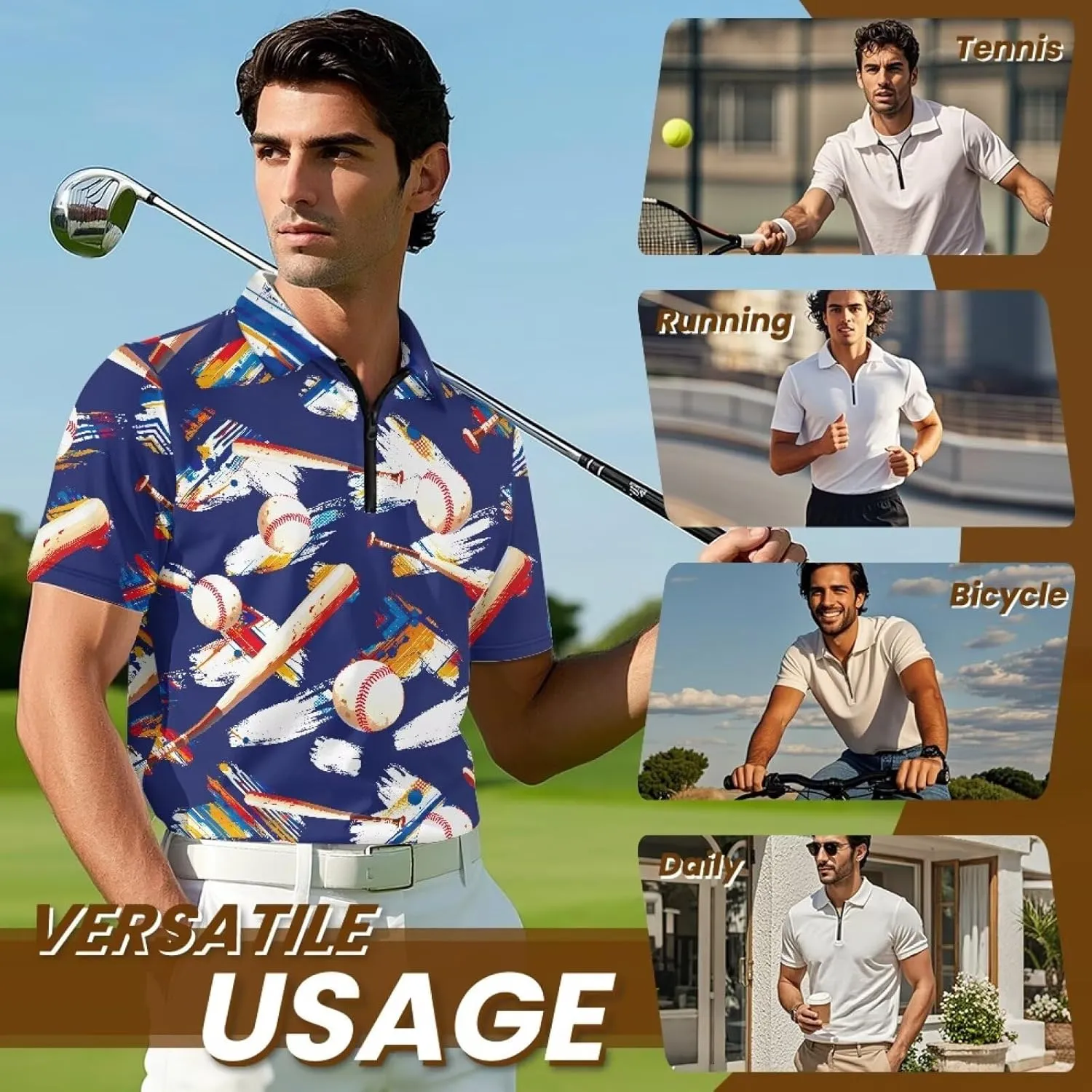 Shirts for Men Short Sleeve Outdoor Golf Shirt Summer Zipper Athletic Tennis Shirt Casual Slim Fit Golf Shirts
