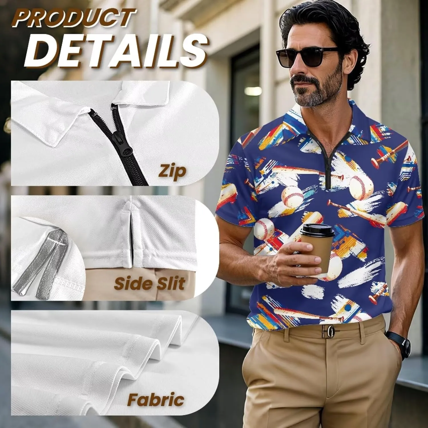 Shirts for Men Short Sleeve Outdoor Golf Shirt Summer Zipper Athletic Tennis Shirt Casual Slim Fit Golf Shirts