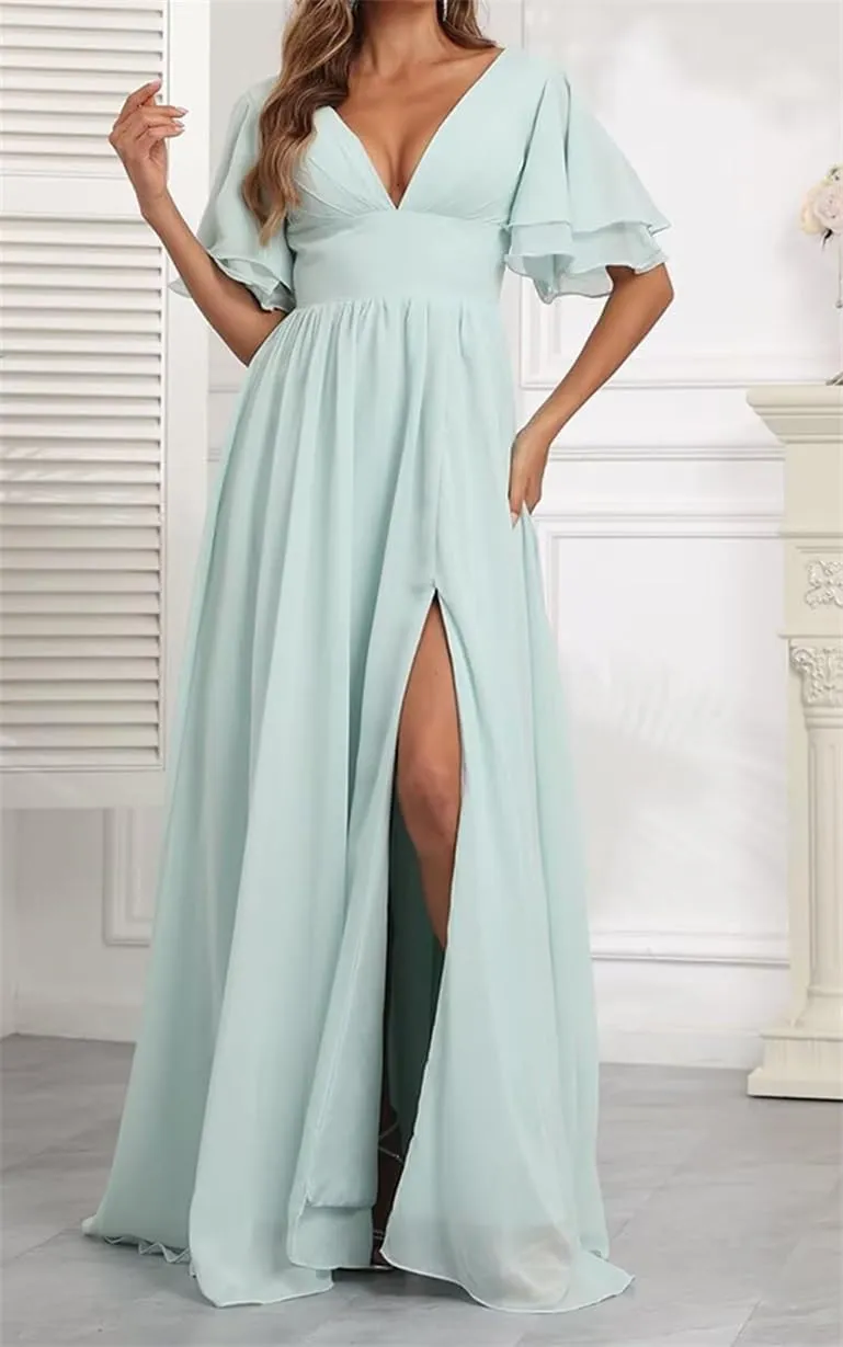 Short Sleeves Bridesmaid Dresses for Wedding V Neck Chiffon Formal Evening Party Prom Maxi Gown with Slit AN379