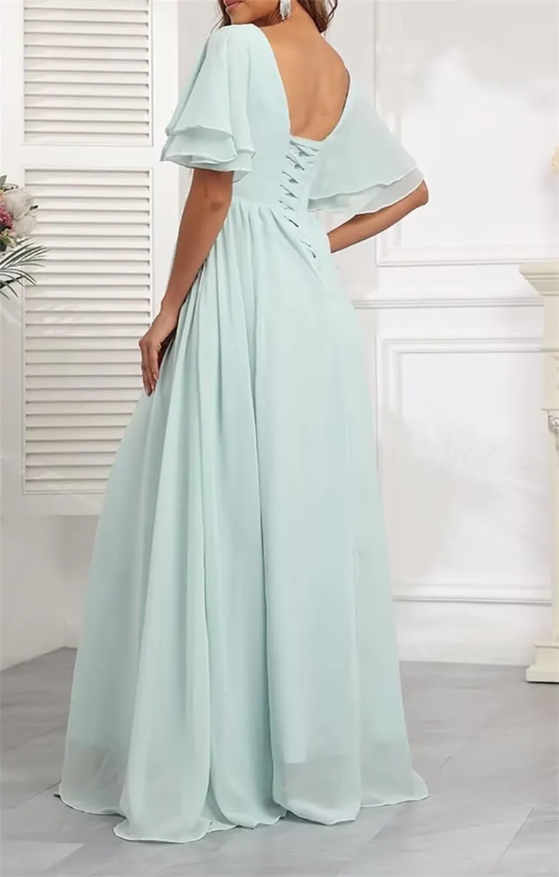 Short Sleeves Bridesmaid Dresses for Wedding V Neck Chiffon Formal Evening Party Prom Maxi Gown with Slit AN379
