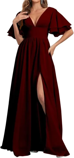 Short Sleeves Bridesmaid Dresses for Wedding V Neck Chiffon Formal Evening Party Prom Maxi Gown with Slit AN379