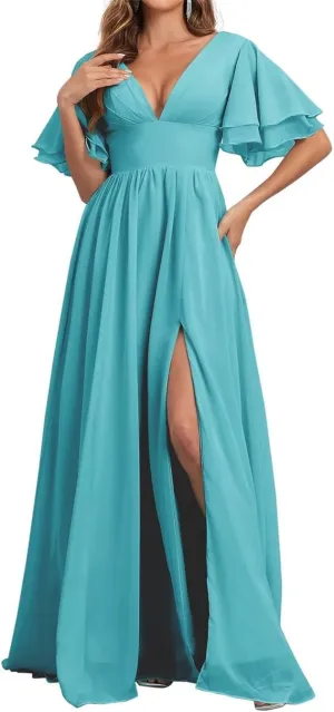 Short Sleeves Bridesmaid Dresses for Wedding V Neck Chiffon Formal Evening Party Prom Maxi Gown with Slit AN379