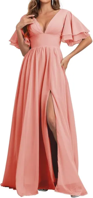 Short Sleeves Bridesmaid Dresses for Wedding V Neck Chiffon Formal Evening Party Prom Maxi Gown with Slit AN379