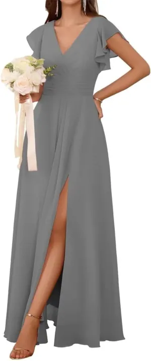 Short Sleeves Bridesmaid Dresses for Wedding V Neck Chiffon Formal Evening Party Prom Maxi Gown with Slit AN380
