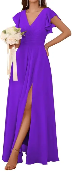 Short Sleeves Bridesmaid Dresses for Wedding V Neck Chiffon Formal Evening Party Prom Maxi Gown with Slit AN380