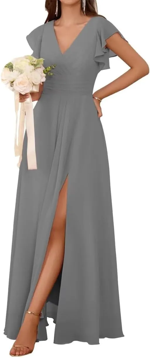 Short Sleeves Bridesmaid Dresses for Wedding V Neck Chiffon Formal Evening Party Prom Maxi Gown with Slit AN380