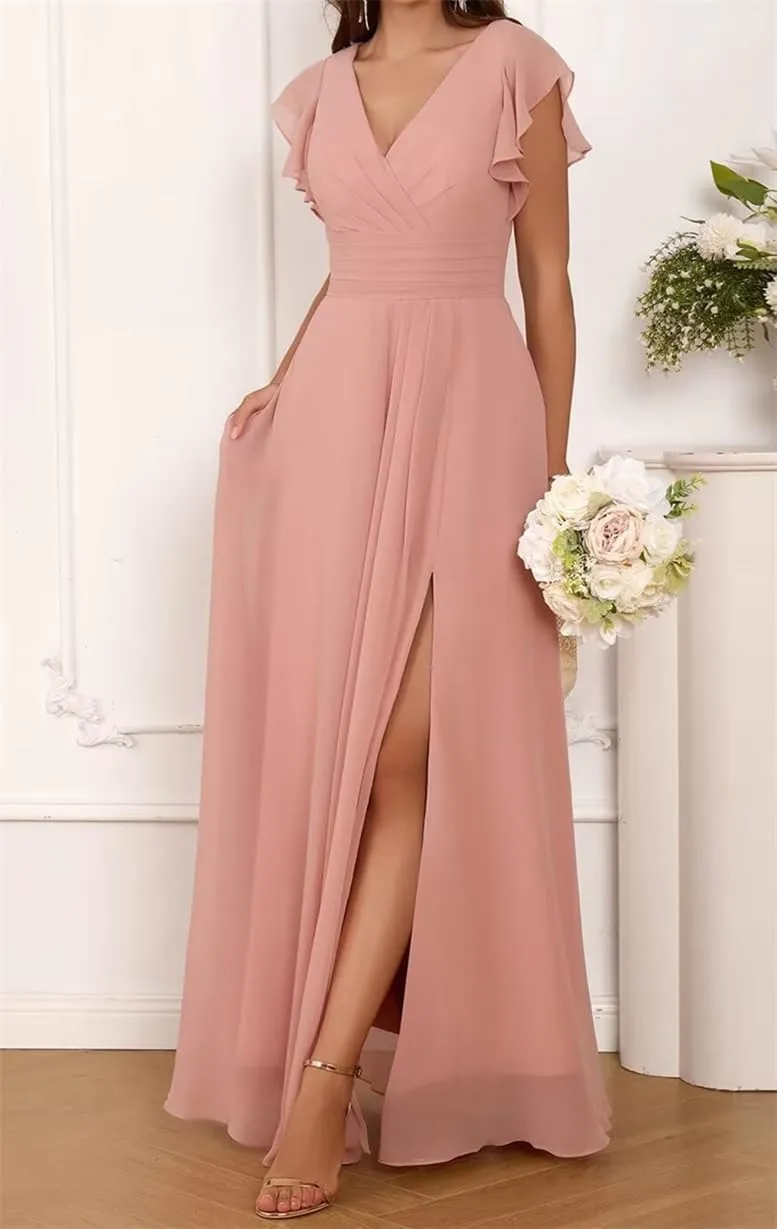 Short Sleeves Bridesmaid Dresses for Wedding V Neck Chiffon Formal Evening Party Prom Maxi Gown with Slit AN380