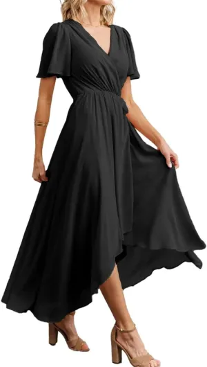 Short Sleeves Country Princess Bridesmaid Dress High Low Prom Dress Chiffon Formal Evening Maxi Gowns EZ050