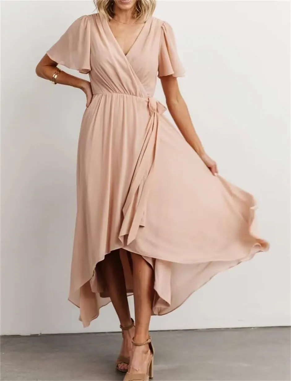 Short Sleeves Country Princess Bridesmaid Dress High Low Prom Dress Chiffon Formal Evening Maxi Gowns EZ050