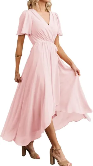 Short Sleeves Country Princess Bridesmaid Dress High Low Prom Dress Chiffon Formal Evening Maxi Gowns EZ050