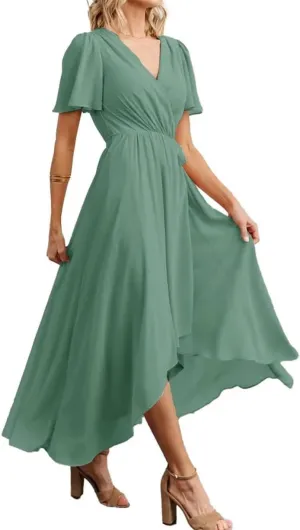 Short Sleeves Country Princess Bridesmaid Dress High Low Prom Dress Chiffon Formal Evening Maxi Gowns EZ050