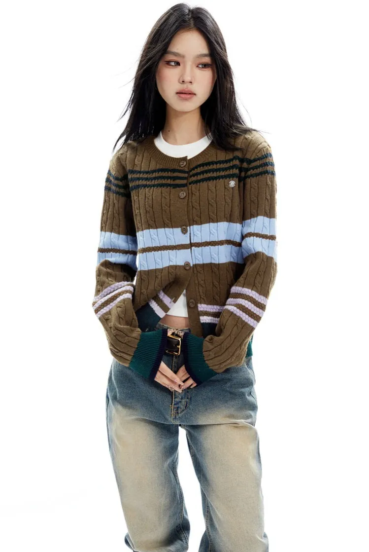 Slim Striped Cable-Knit Cardigan Sweater