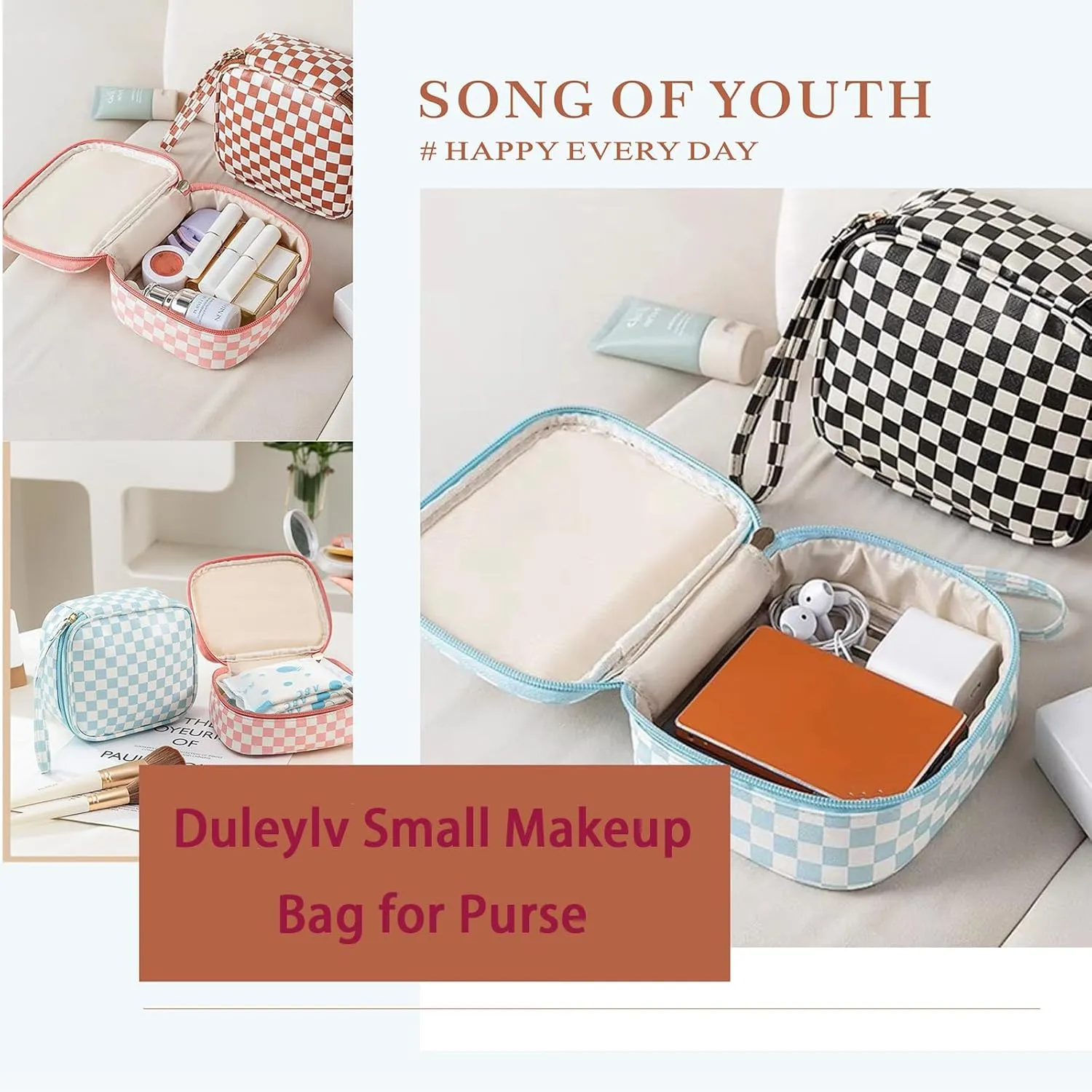 Small Makeup Bag for Purse Portable Mini Makeup Organizer Waterproof Cosmetic Pouch for Coin Lipstick Jewelry Little Cosmetic Bag with Zipper for Women Brown