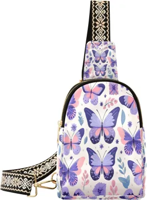 Small Sling Bag Waist Packs Leather Crossbody Packs Chest Bag Purple Butterfly for Women Travel Belt Purse