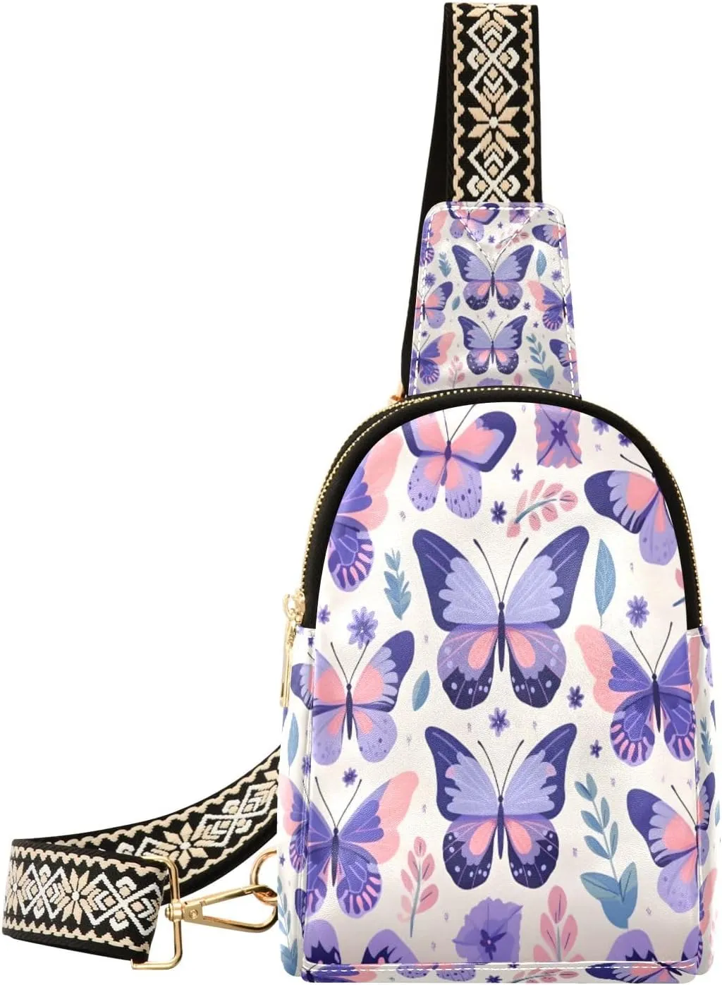 Small Sling Bag Waist Packs Leather Crossbody Packs Chest Bag Purple Butterfly for Women Travel Belt Purse