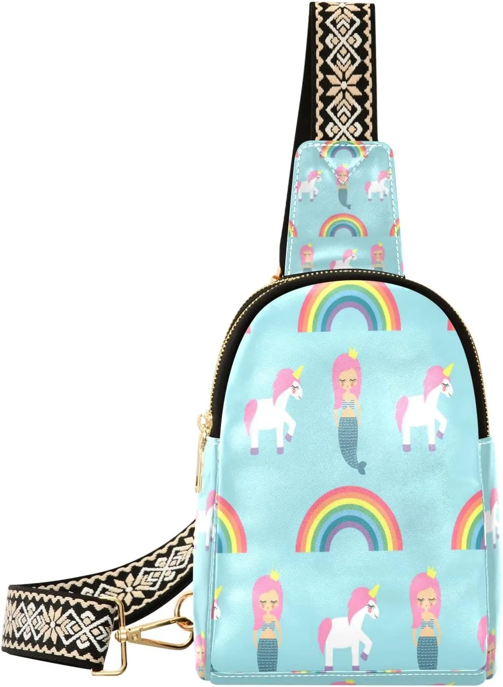Small Sling Bag Waist Packs Leather Crossbody Packs Chest Bag Rainbow Unicorn Mermaid for Women Travel Belt Purse