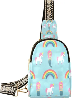 Small Sling Bag Waist Packs Leather Crossbody Packs Chest Bag Rainbow Unicorn Mermaid for Women Travel Belt Purse