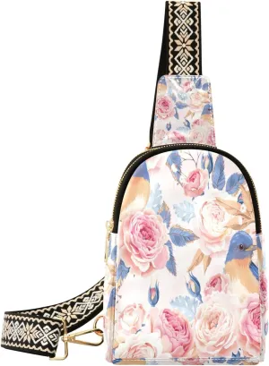 Small Sling Bag Waist Packs Leather Crossbody Packs Chest Bag Vintage Roses and Birds for Women Travel Belt Purse