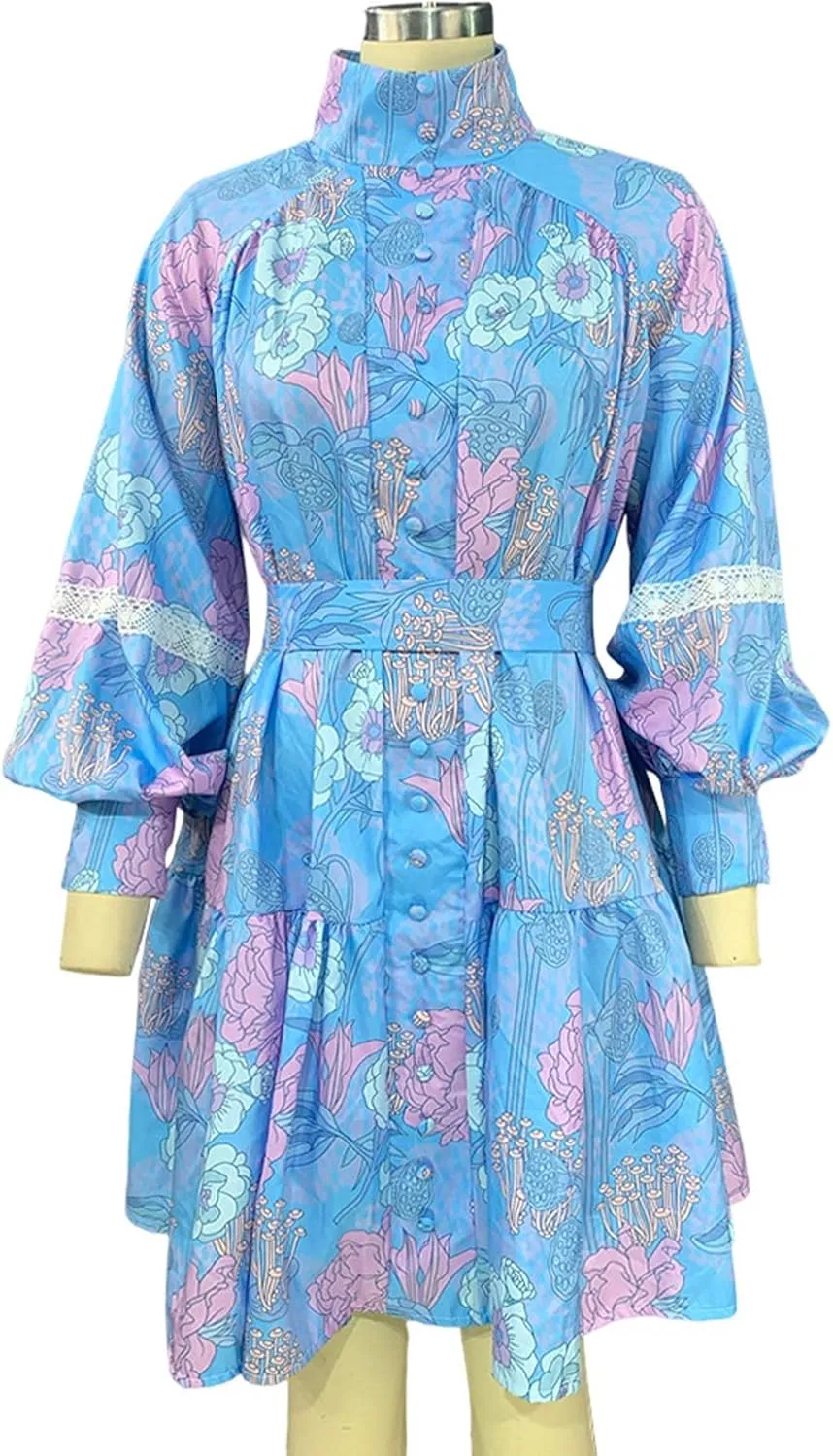 SOMTHRON Women's Floral Print Boho Mini Dress Long Lantern Sleeve High Neck Button Down Ruffle Flared Lace Up Dresses