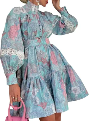 SOMTHRON Women's Floral Print Boho Mini Dress Long Lantern Sleeve High Neck Button Down Ruffle Flared Lace Up Dresses