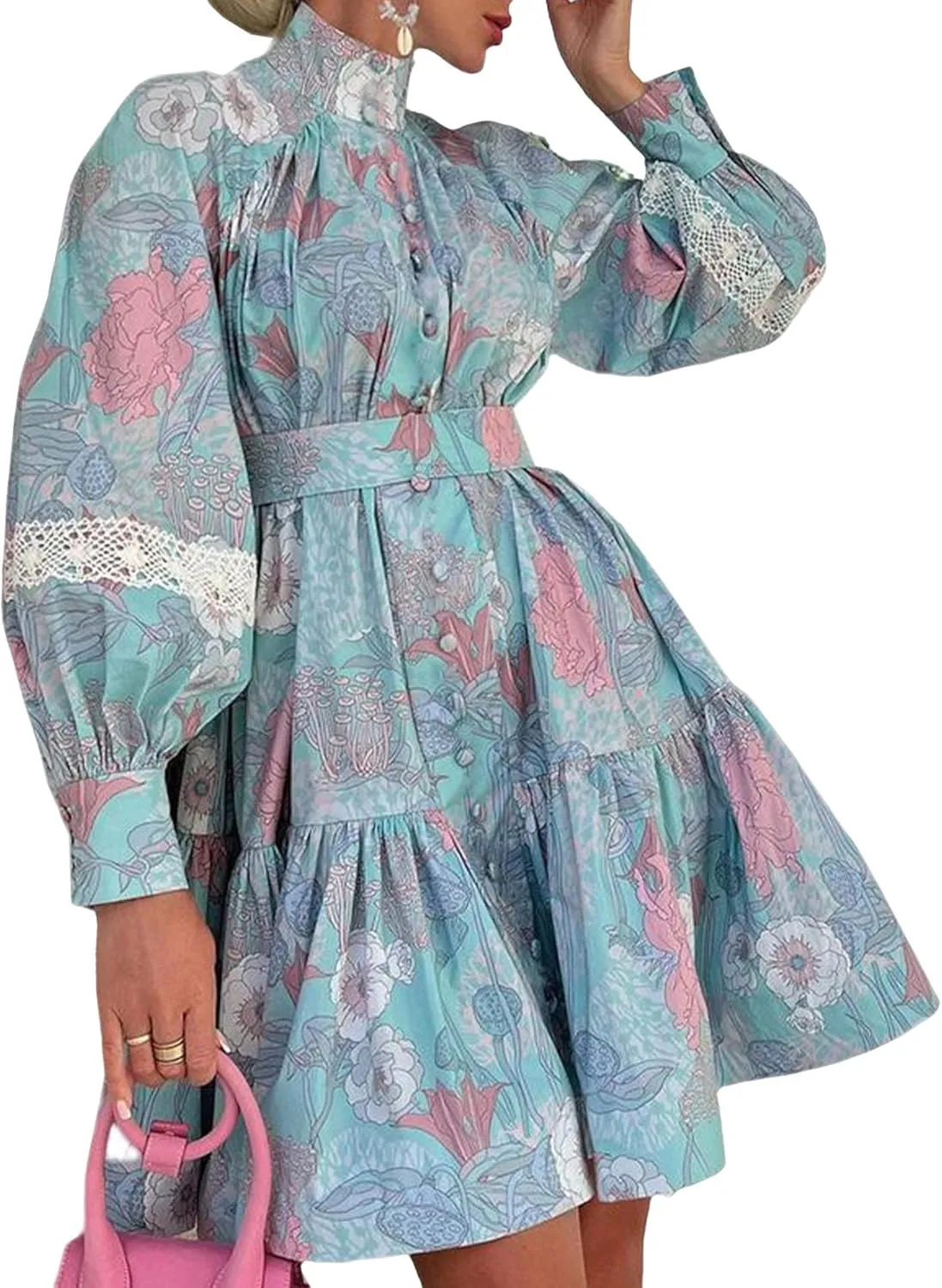 SOMTHRON Women's Floral Print Boho Mini Dress Long Lantern Sleeve High Neck Button Down Ruffle Flared Lace Up Dresses