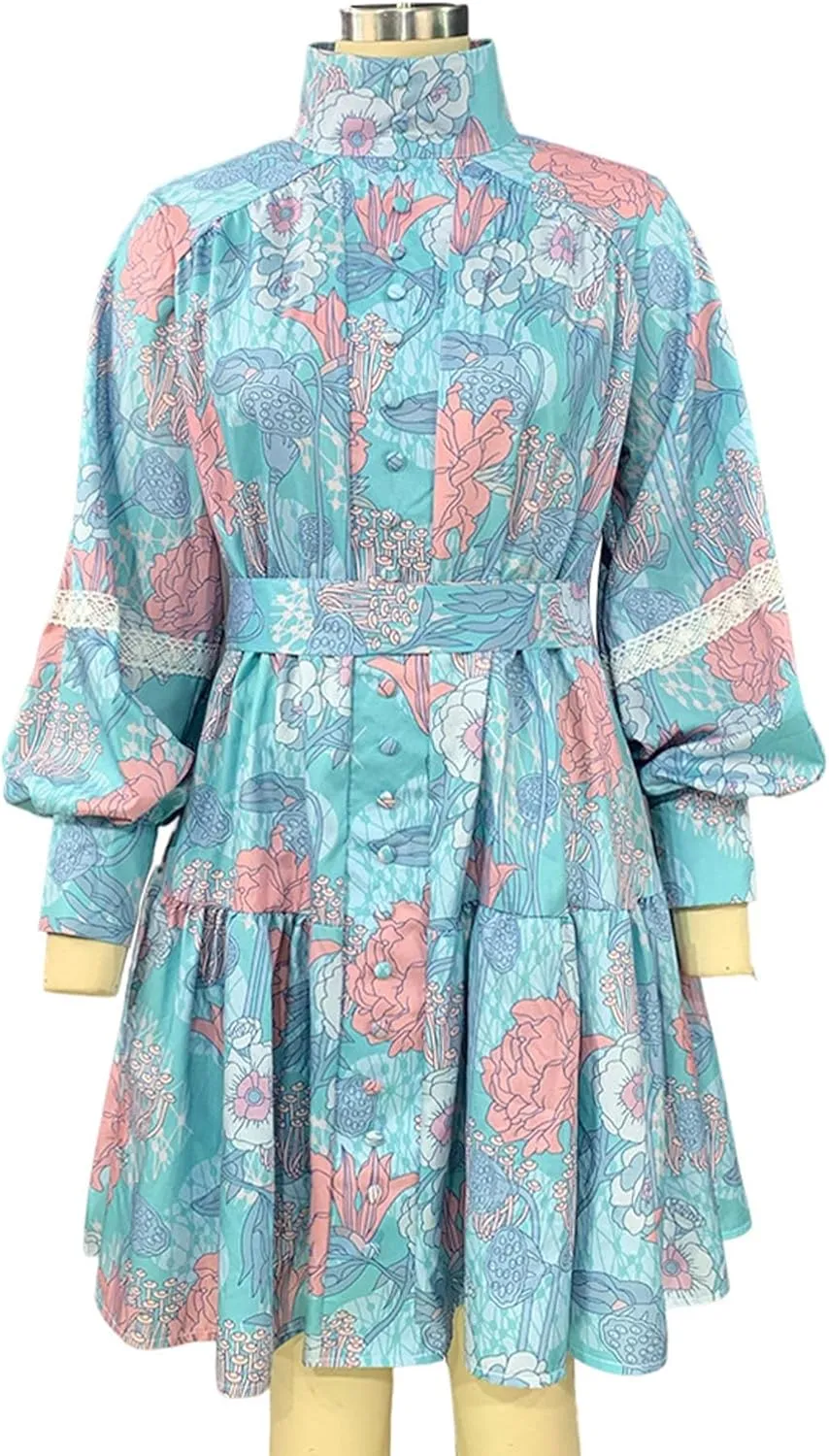 SOMTHRON Women's Floral Print Boho Mini Dress Long Lantern Sleeve High Neck Button Down Ruffle Flared Lace Up Dresses