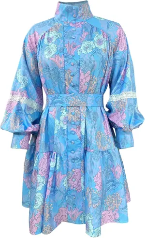 SOMTHRON Women's Floral Print Boho Mini Dress Long Lantern Sleeve High Neck Button Down Ruffle Flared Lace Up Dresses