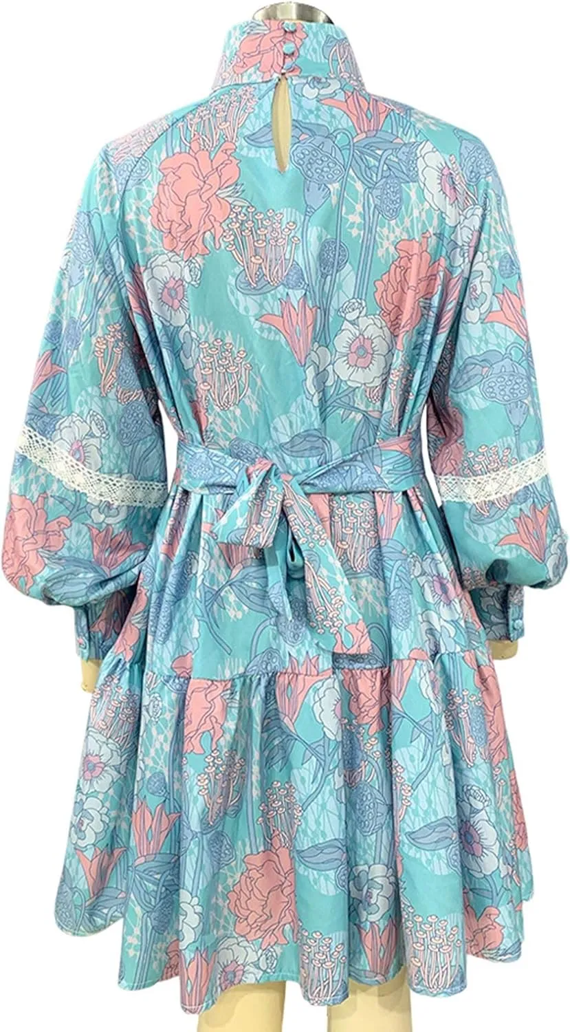 SOMTHRON Women's Floral Print Boho Mini Dress Long Lantern Sleeve High Neck Button Down Ruffle Flared Lace Up Dresses