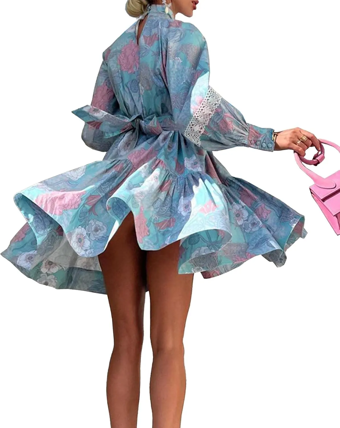 SOMTHRON Women's Floral Print Boho Mini Dress Long Lantern Sleeve High Neck Button Down Ruffle Flared Lace Up Dresses
