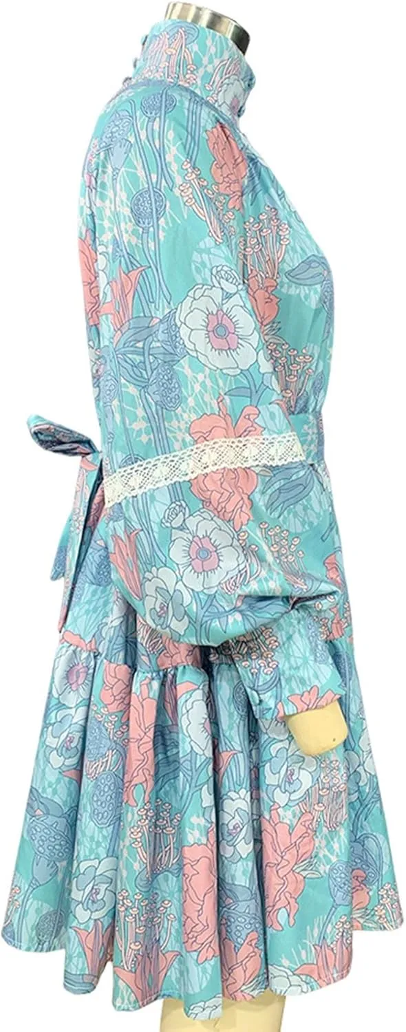 SOMTHRON Women's Floral Print Boho Mini Dress Long Lantern Sleeve High Neck Button Down Ruffle Flared Lace Up Dresses