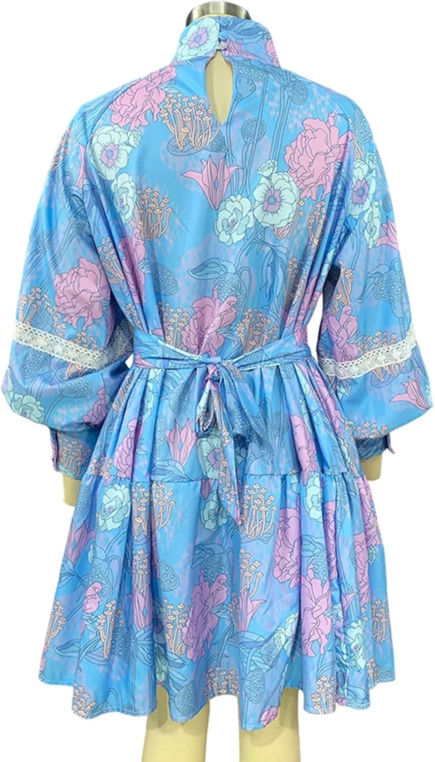SOMTHRON Women's Floral Print Boho Mini Dress Long Lantern Sleeve High Neck Button Down Ruffle Flared Lace Up Dresses