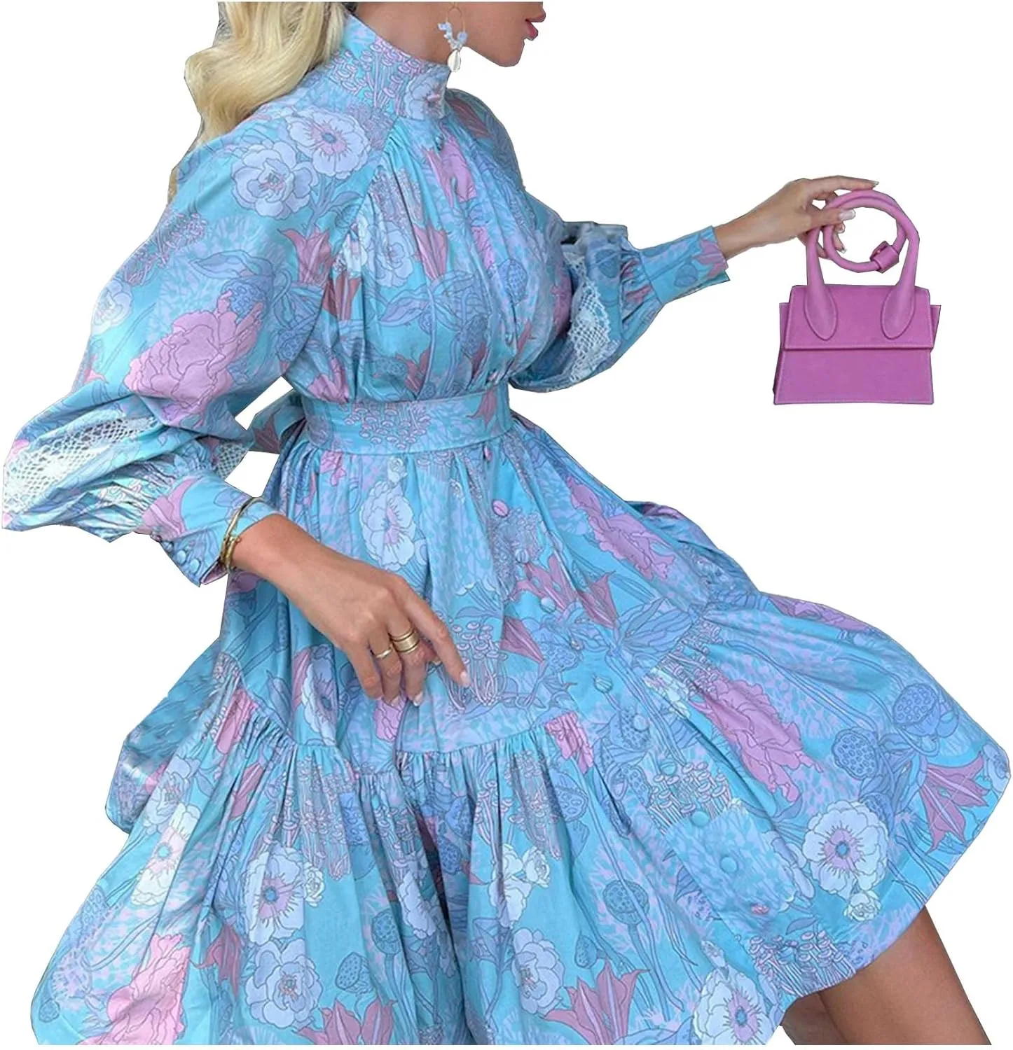 SOMTHRON Women's Floral Print Boho Mini Dress Long Lantern Sleeve High Neck Button Down Ruffle Flared Lace Up Dresses