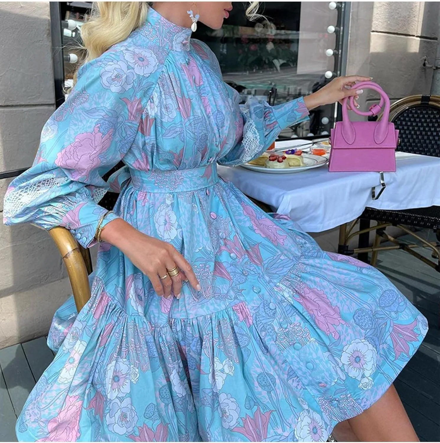 SOMTHRON Women's Floral Print Boho Mini Dress Long Lantern Sleeve High Neck Button Down Ruffle Flared Lace Up Dresses