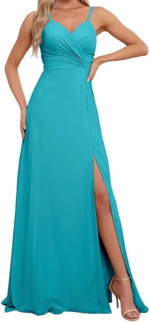 Spaghetti Straps Bridesmaid Dresses for Wedding Chiffon Formal Evening Party Prom Maxi Gown with Slit AN366