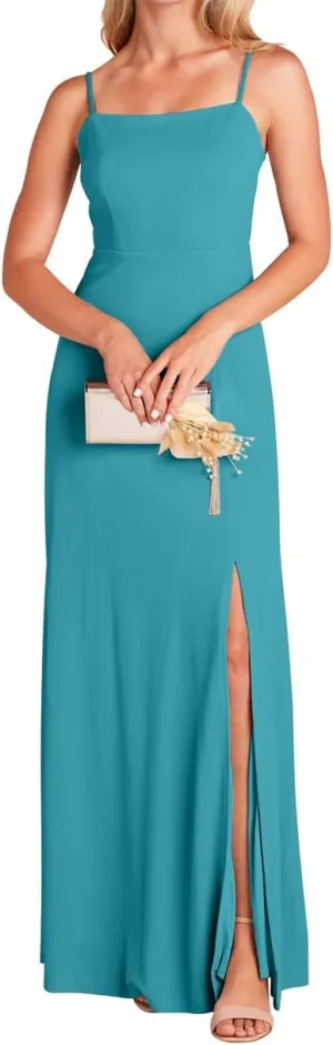 Spaghetti Straps Bridesmaid Dresses for Wedding Chiffon Formal Evening Party Prom Maxi Gown with Slit Bow AN336