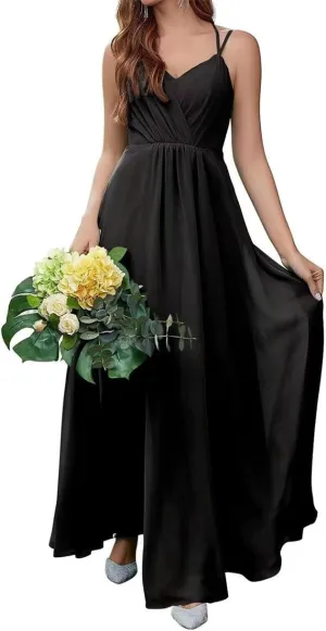 Spaghetti Straps Bridesmaid Dresses for Wedding Chiffon V Neck Formal Evening Party Prom Maxi Gown with Slit AN365