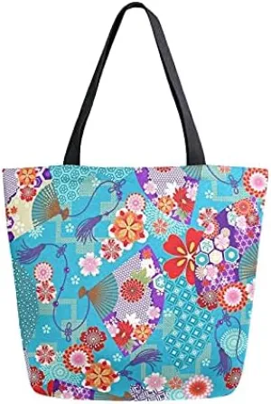 Spring Japanese Cherry Fans Large Canvas Tote Bag Heavy Duty Grocery Bag, Summer Asian Style Women Casual Shoulder Bag Pocket Reusable Handbags for Travel Beach School Nursing Gift