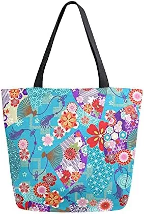 Spring Japanese Cherry Fans Large Canvas Tote Bag Heavy Duty Grocery Bag, Summer Asian Style Women Casual Shoulder Bag Pocket Reusable Handbags for Travel Beach School Nursing Gift
