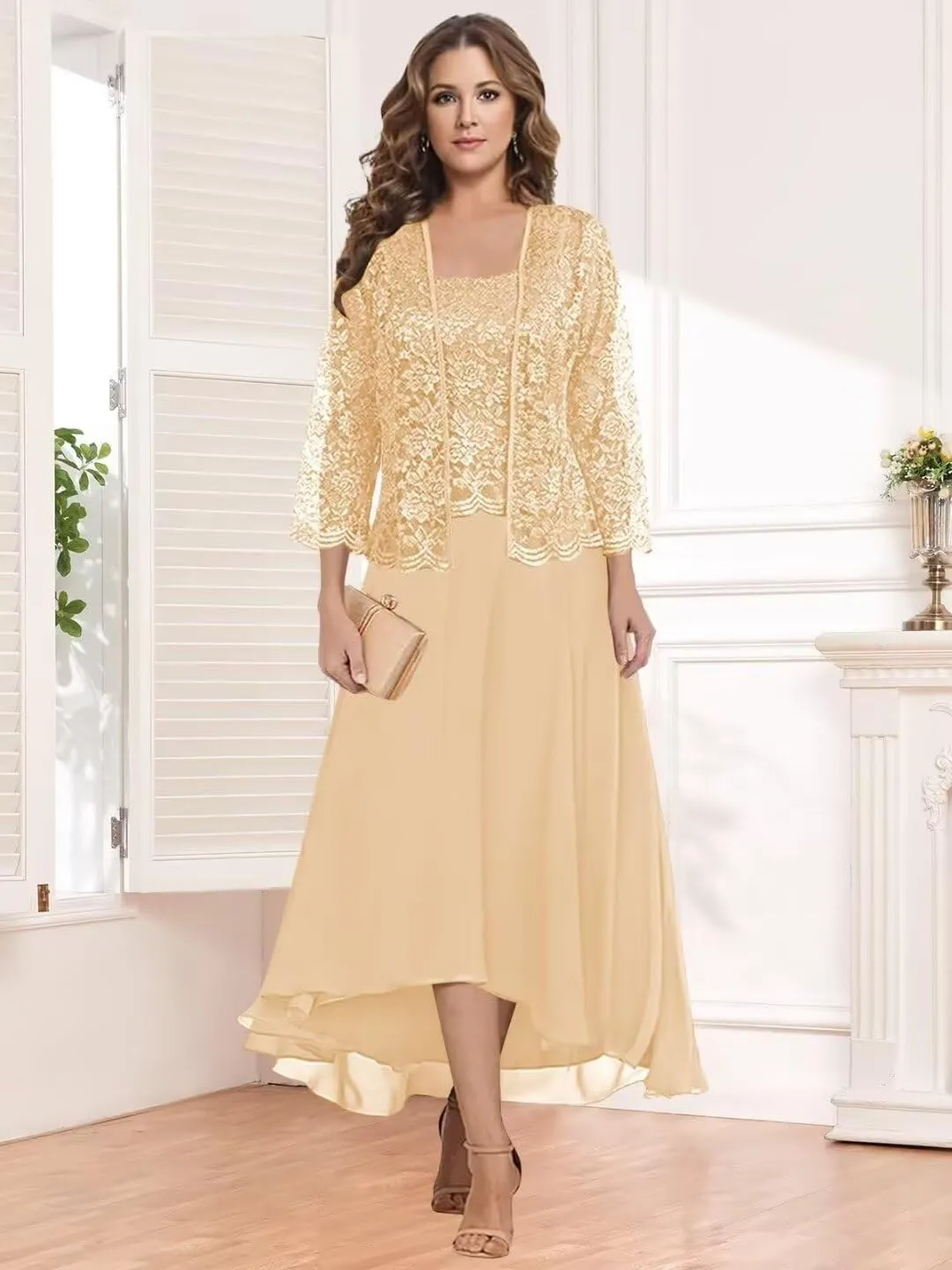 Stylefun Women's Lace Mother of The Bride Dresses with Jacket 3/4 Sleeve Chiffon Long Formal Dresses Evening Gowns