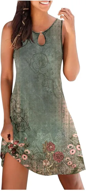 Summer Dresses for Women 2024 Sexy Sleeveless Sundress Retro Boho Floral Beach Party Dress Casual Flowy Crewneck Mini Dress