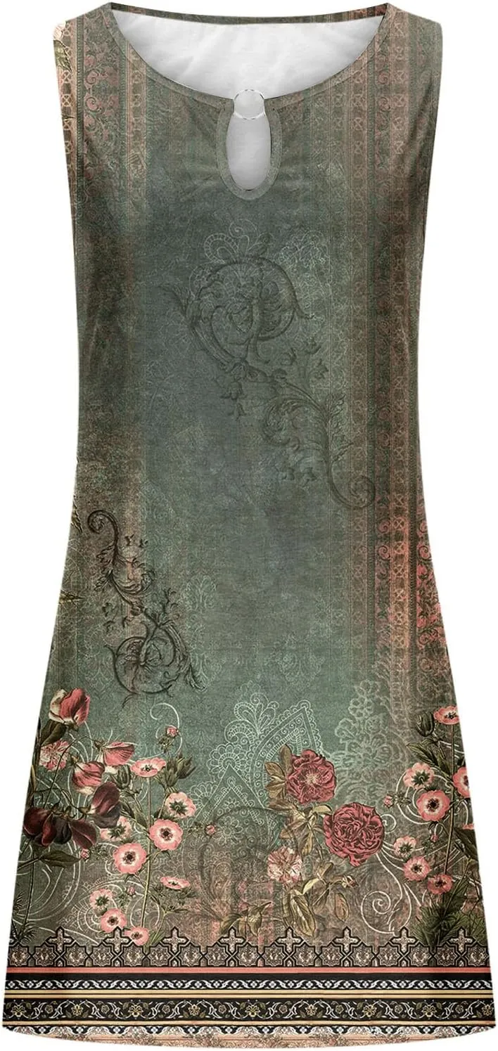 Summer Dresses for Women 2024 Sexy Sleeveless Sundress Retro Boho Floral Beach Party Dress Casual Flowy Crewneck Mini Dress