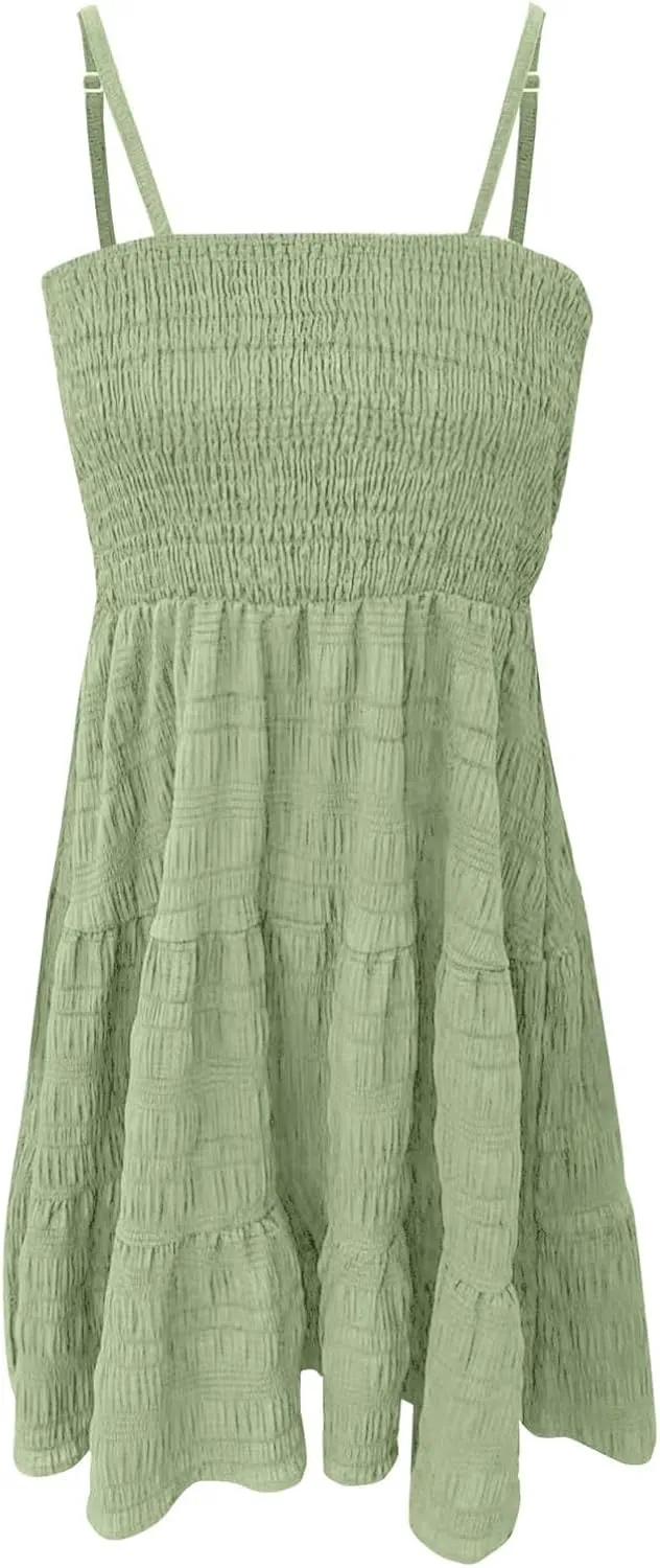 Sundress for Women 2024 Casual Plus Size Beach Vacation Dresses Smocked Flowy Boho Spaghetti Strap A-Line Mini Dress
