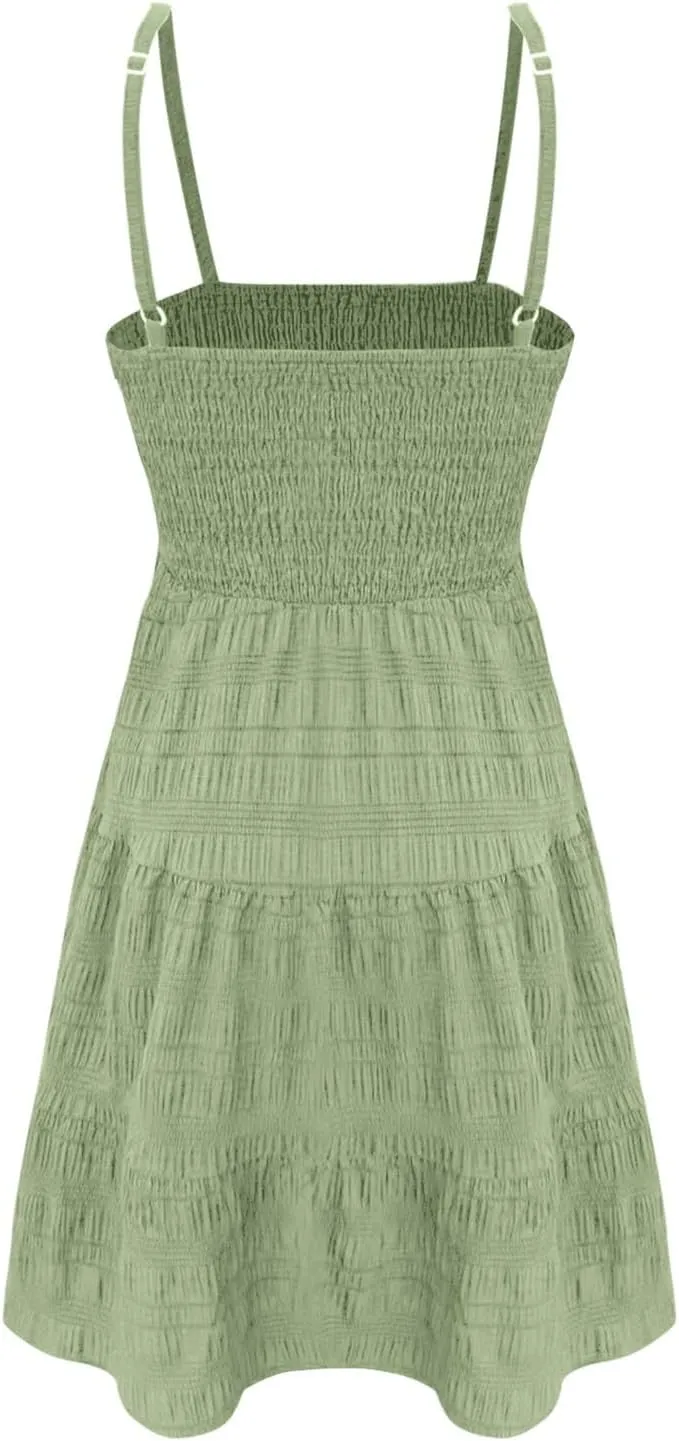 Sundress for Women 2024 Casual Plus Size Beach Vacation Dresses Smocked Flowy Boho Spaghetti Strap A-Line Mini Dress