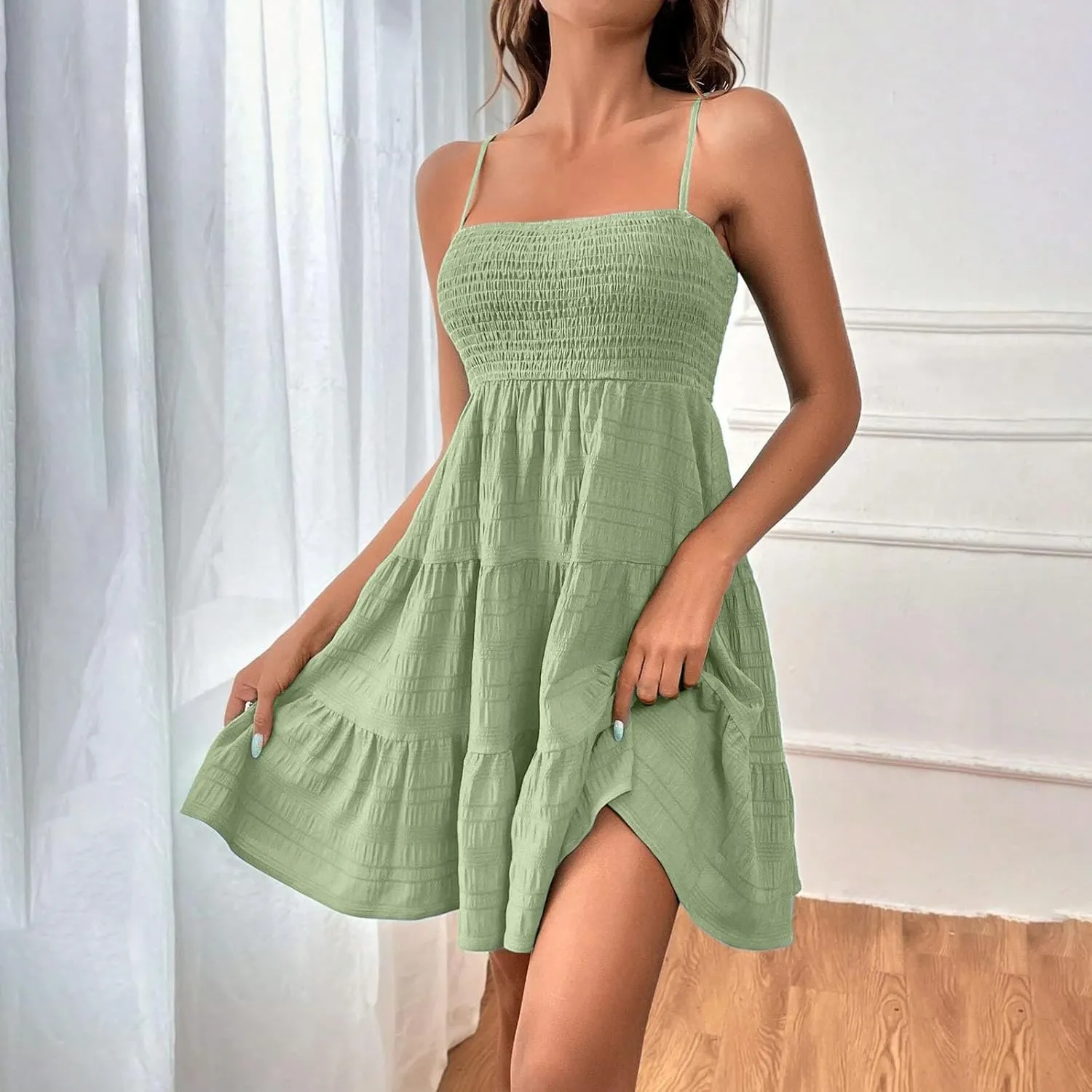Sundress for Women 2024 Casual Plus Size Beach Vacation Dresses Smocked Flowy Boho Spaghetti Strap A-Line Mini Dress