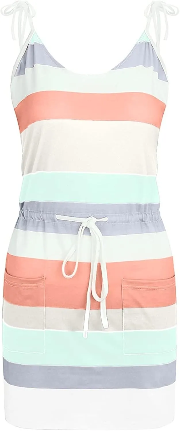 Sundresses for Women,2024 Summer Casual Sling V Neck Mini Dress,Trendy Striped Drawstring T Shirt Dress with Pockets