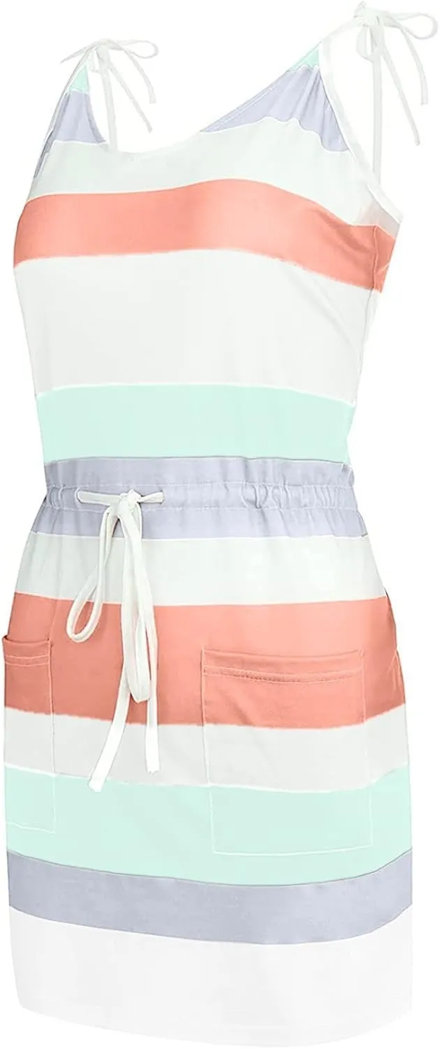 Sundresses for Women,2024 Summer Casual Sling V Neck Mini Dress,Trendy Striped Drawstring T Shirt Dress with Pockets