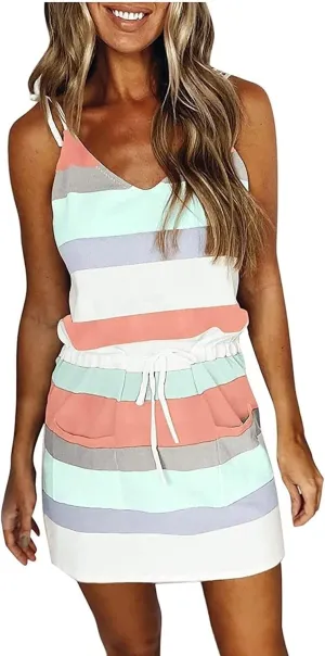 Sundresses for Women,2024 Summer Casual Sling V Neck Mini Dress,Trendy Striped Drawstring T Shirt Dress with Pockets