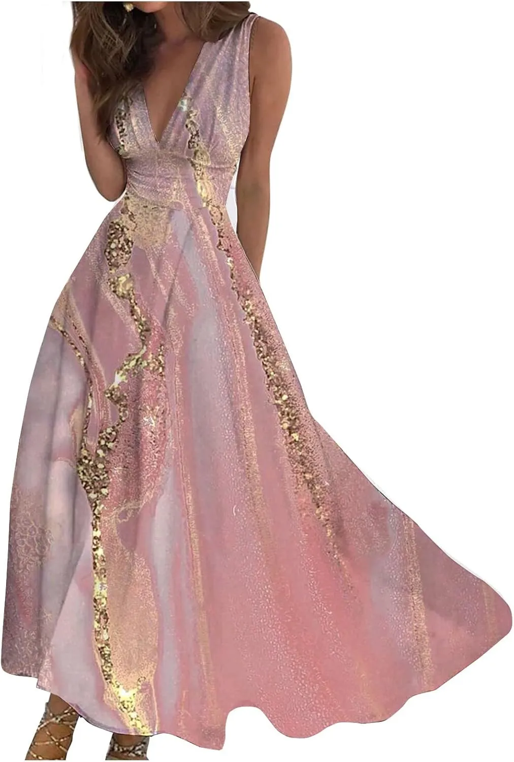 Sundresses for Women,2024 Summer Elegant Wrap V Neck Sleeveless Maxi Dress,Trendy Floral Print Flowy Boho Beach Dress