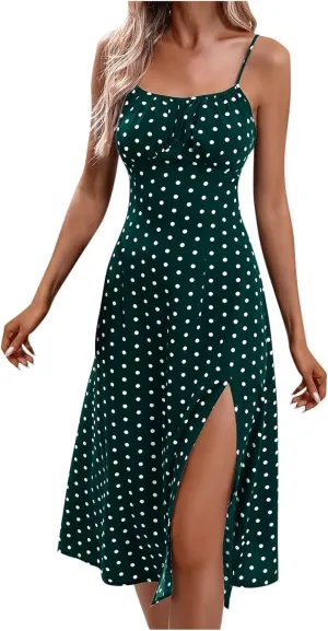 Sundresses for Women,2025 Summer Sexy Spaghetti Strap Polka Dot Midi Beach Dress,Flowy Side Slit Boho Vacation Dress