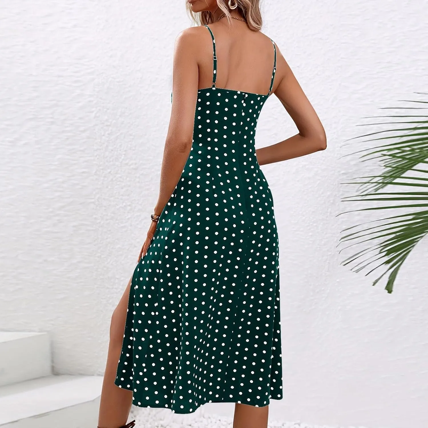 Sundresses for Women,2025 Summer Sexy Spaghetti Strap Polka Dot Midi Beach Dress,Flowy Side Slit Boho Vacation Dress